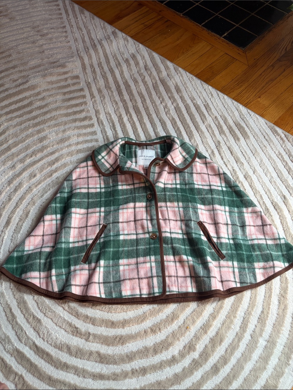 Janie and Jack Pink & Green Plaid Cape with Brown Trim